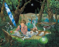 Rule 34 | 1boy, animal, black sky, blanket, blue footwear, book, book stack, brown hair, brown shorts, bush, cactus, cloud, commentary request, cup, dappled sunlight, desert, dog, elbow rest, expressionless, fanny pack, feet up, floating, floating object, flower, full moon, grass, head rest, highres, horizon, kneehighs, korean commentary, lily (flower), long sleeves, mirror, moon, moss, mug, mushroom, n0ma, night, night sky, oil painting (medium), original, outdoors, painting (medium), picnic blanket, picture book, pink sweater, reeds, scenery, shoes, short hair, shorts, sky, sneakers, socks, star (sky), starry sky, stuffed animal, stuffed bird, stuffed toy, sunlight, surreal, sweater, table, toy, traditional media, tree, tree stump, watch, water, waves, white flower, white socks, wide shot, wristwatch
