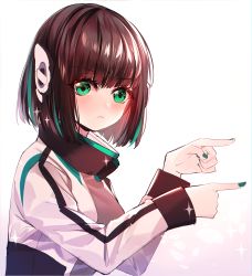 Rule 34 | &gt;:(, 1girl, baocaizi, blush, brown hair, closed mouth, fingernails, green eyes, green hair, green nails, highres, humagear headphones, izu (kamen rider 01), jacket, kamen rider, kamen rider 01 (series), light frown, long sleeves, looking at viewer, looking to the side, multicolored hair, nail polish, pointing, short hair, solo, sparkle, streaked hair, upper body, v-shaped eyebrows, white background, white jacket