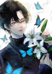 Rule 34 | 1boy, bishounen, black hair, black sweater, blue butterfly, blue eyes, blurry, bug, butterfly, depth of field, eyeliner, flower, glint, highres, insect, light particles, light rays, lily (flower), long sleeves, looking at viewer, makeup, makura wet, male focus, open mouth, original, shadow, short hair, smile, solo, sparkle, sweater