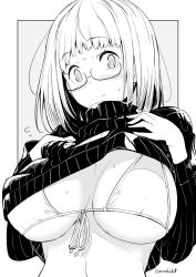 Rule 34 | 1girl, bikini, blush, breasts, clothes lift, flying sweatdrops, front-tie bikini top, front-tie top, glasses, greyscale, hands on own chest, kichihachi, large breasts, lifting own clothes, long sleeves, looking at viewer, medium hair, monochrome, original, outside border, simple background, solo, sweater, sweater lift, swimsuit, turtleneck, turtleneck sweater, twitter username, upper body