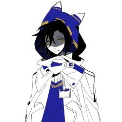 Rule 34 | 1boy, animal ear hood, belt, belt buckle, belt collar, black hair, blue belt, blue hood, blue vest, buckle, chinese commentary, closed mouth, coat, coattails, collar, collared coat, commentary request, fake animal ears, highres, hood, humanization, kirby (series), lab coat, light smile, long sleeves, magolor, male focus, name tag, nintendo, open clothes, open coat, ribbon-trimmed hood, scarf, shaded face, shirt, short hair, simple background, solo, striped clothes, striped shirt, tiankong yiji, upper body, vertical-striped clothes, vertical-striped shirt, vest, white background, white coat, white scarf, white shirt, white sleeves, yellow eyes