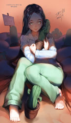 Rule 34 | 1girl, bad id, bad tumblr id, barefoot, black hair, blue eyes, blue shirt, cactus, collared shirt, dated, feet, green pants, highres, long hair, long sleeves, looking at viewer, original, pants, plant, potted plant, saejin oh, shirt, sign, signature, sitting, smile, solo, very long hair