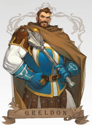 Rule 34 | 1boy, armor, beard, belt, blue gloves, breastplate, brooch, brown hair, cape, character name, cleric, commentary, dungeons &amp; dragons: shadow over mystara, dungeons &amp; dragons, english commentary, facial hair, faulds, gloves, greldon, hand on belt, highres, holding, holding weapon, jewelry, leather armor, mace, male focus, morry, muscular, muscular male, short hair, solo, studded, weapon
