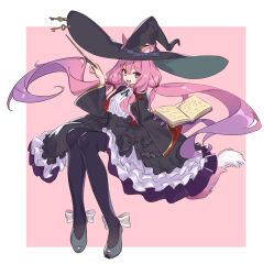 Rule 34 | 1girl, 4410 (kanimiso), animal ear fluff, animal ears, black dress, black hat, black thighhighs, book, cat ears, cat girl, cat tail, dress, ears through headwear, gradient hair, hair ribbon, hat, highres, holding, holding book, holding wand, indie virtual youtuber, key, long hair, long sleeves, looking at viewer, meika ruka, multicolored hair, open book, open mouth, pink eyes, pink hair, purple hair, ribbon, sitting, smile, striped ribbon, tail, thighhighs, twintails, very long hair, virtual youtuber, wand, wide sleeves, witch hat