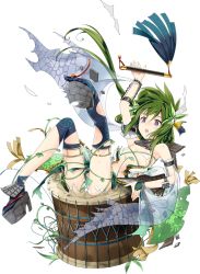 Rule 34 | 1girl, bodaisan (oshiro project), drum, falling, flat chest, full body, green hair, instrument, kamaboko red, long hair, official art, open mouth, oshiro project:re, oshiro project:re, purple eyes, sleeveless, solo, taiko drum, thighhighs, torn clothes, torn thighhighs, transparent background