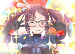 Rule 34 | 1girl, black-framed eyewear, black dress, black gloves, blush, breasts, brown hair, center opening, choker, double v, dress, earrings, elbow gloves, emotional engine - full drive, fate/grand order, fate (series), glasses, gloves, grey dress, hands up, highres, jewelry, layered dress, long hair, looking at viewer, medium breasts, mentaiko mamire, multiple earrings, one eye closed, parody, red background, red eyes, ribbed dress, ribbon-trimmed dress, sidelocks, smile, solo, sparkle, sunburst, sunburst background, tearing up, twintails, v, very long hair, yellow background, yu mei-ren (fate), yu mei-ren (first ascension) (fate)