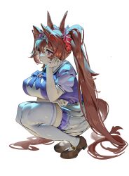 Rule 34 | 1girl, absurdres, animal ears, bow, bowtie, breasts, brown footwear, brown hair, daiwa scarlet (umamusume), full body, hair intakes, hand on own cheek, hand on own face, head rest, highres, horse ears, horse girl, horse tail, large breasts, long hair, mitsuki3s kir, pleated skirt, purple bow, purple bowtie, red eyes, shoes, simple background, skirt, solo, squatting, tail, thighhighs, tiara, twintails, umamusume, very long hair, white background, white skirt, white thighhighs