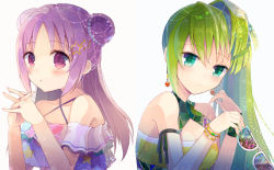 Rule 34 | 2girls, alina gray, alina gray (swimsuit costume), bad id, bad pixiv id, bare shoulders, bikini, blush, closed mouth, commentary request, criss-cross halter, double bun, earrings, unworn eyewear, green eyes, green hair, hair between eyes, hair bun, hair ornament, halterneck, hands up, holding, holding removed eyewear, jewelry, long hair, looking at viewer, magia record: mahou shoujo madoka magica gaiden, mahou shoujo madoka magica, misono karin, multiple girls, own hands clasped, own hands together, parted bangs, parted lips, purple eyes, purple hair, shikino (sikinonono), simple background, star (symbol), star hair ornament, sunglasses, swimsuit, very long hair, white-framed eyewear, white background