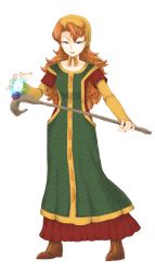 Rule 34 | 1girl, blue eyes, blush, breasts, curly hair, dragon quest, dragon quest vii, dress, female focus, full body, green eyes, long hair, magic, maribel (dq7), minato (leap-up), red hair, ribbon, simple background, solo, staff, weapon, white background