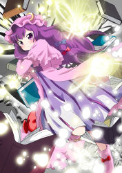 Rule 34 | 1girl, blush, book, bow, capelet, female focus, floating, floating object, glowing, hair bow, hat, long hair, magic, massala, patchouli knowledge, purple eyes, purple hair, robe, solo, striped, touhou