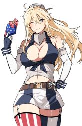 Rule 34 | 10s, 1girl, ahoge, american flag, american flag legwear, asakawa (outeq), asymmetrical legwear, bare shoulders, belt, blonde hair, blue eyes, blush, breasts, chocolate, cleavage, cleavage cutout, clothing cutout, collarbone, commentary, cowboy shot, elbow gloves, fingerless gloves, flag print, front-tie top, garter straps, gift, gloves, hair between eyes, hand on own hip, headgear, iowa (kancolle), kantai collection, large breasts, long hair, looking at viewer, midriff, miniskirt, mismatched legwear, one eye closed, simple background, skirt, sleeveless, smile, solo, star-shaped pupils, star (symbol), striped clothes, striped skirt, striped thighhighs, symbol-shaped pupils, thighhighs, vertical-striped clothes, vertical-striped skirt, vertical-striped thighhighs, white background
