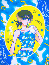 Rule 34 | 1990s (style), 1girl, bare arms, bare shoulders, blonde hair, blue border, blue camisole, blush, border, brown hair, camisole, collarbone, colored tips, commentary, cowboy shot, cropped legs, drink, drinking straw, drinking straw in mouth, earrings, english commentary, gradient hair, green eyes, hand up, highres, holding, holding drink, inuha dog wave, jewelry, looking at viewer, midriff, multicolored hair, navel, original, print camisole, retro artstyle, short hair, sleeveless, solo, streaked hair, yellow background