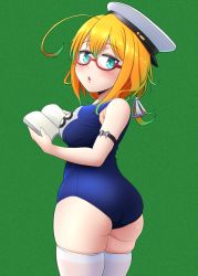 Rule 34 | 1girl, :o, armband, ass, back, blonde hair, blue eyes, blue one-piece swimsuit, blush, book, breasts, cowboy shot, glasses, green background, hair between eyes, hat, highres, holding, holding book, i-8 (kancolle), jougenmushi, kantai collection, large breasts, looking at viewer, looking back, looking to the side, low twintails, name tag, old school swimsuit, one-piece swimsuit, open book, open mouth, peaked cap, red-framed eyewear, sailor hat, school swimsuit, semi-rimless eyewear, short hair, solo, swimsuit, thighhighs, twintails, under-rim eyewear, white thighhighs