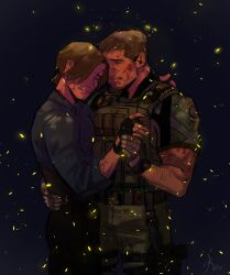 Rule 34 | 2boys, artist request, bara, beard, brown hair, chris redfield, couple, facial hair, feet out of frame, highres, holding hands, large pectorals, leon s. kennedy, light particles, male focus, mature male, multiple boys, muscular, muscular male, pectorals, resident evil, resident evil 4, resident evil 4 (remake), short hair, smile, stubble, yaoi