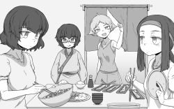 Rule 34 | 4girls, :q, absurdres, bowl, caesar (girls und panzer), casual, chopsticks, closed mouth, commentary request, curtains, erwin (girls und panzer), food, girls und panzer, glasses, greyscale, hanten (clothes), headband, highres, holding, holding chopsticks, indoors, japanese clothes, lid, long hair, looking at another, medium hair, messy hair, mixing bowl, monochrome, multiple girls, open mouth, oryou (girls und panzer), pointy hair, renshiu, rice, saemonza (girls und panzer), semi-rimless eyewear, shirt, short hair, short ponytail, short shorts, short sleeves, shorts, sitting, smile, soy sauce, standing, sushi, t-shirt, tank top, tongue, tongue out, under-rim eyewear