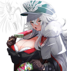 Rule 34 | 1girl, absurdres, azur lane, black gloves, blush, breasts, cape, cleavage, cleavage cutout, clothing cutout, commentary request, food, fur collar, fur scarf, fur trim, gloves, graf zeppelin (azur lane), gundam, hair between eyes, hat, hey taisyou, highres, holding, large breasts, long hair, long sleeves, looking at viewer, military hat, open mouth, paptimus scirocco, popsicle, red eyes, sidelocks, solo, sweat, tongue, tongue out, upper body, white hair, zeta gundam