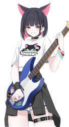 Rule 34 | 1girl, absurdres, animal ears, belt, black belt, black choker, black hair, black jacket, black mask, blue archive, blush, cat ears, choker, clothes around waist, colored inner hair, cowboy shot, electric guitar, extra ears, grin, guitar, hair ornament, hairclip, halo, highres, holding, holding instrument, instrument, jacket, jacket around waist, kazusa (band) (blue archive), kazusa (blue archive), kuyoumi, mask, mask pull, mouth mask, multicolored hair, official alternate costume, pink hair, pink halo, pleated skirt, red eyes, shirt, short hair, simple background, skirt, smile, solo, thigh belt, thigh strap, white background, white shirt, white skirt