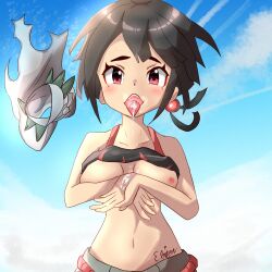 Rule 34 | 1girl, after fellatio, artist name, black hair, breasts, breasts out, creatures (company), cum, cum in mouth, ebisen (pixiv75226072), game freak, highres, looking at viewer, medium breasts, nintendo, nipples, open mouth, outdoors, pokemon, pokemon oras, red eyes, solo, tongue, tongue out, zinnia (pokemon)