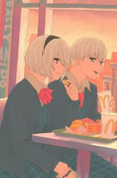 Rule 34 | 1boy, 1girl, 2b (nier:automata), 9s (nier:automata), absurdres, black hairband, black jacket, blonde hair, blue eyes, blue pants, blue skirt, blue sweater, commentary, couple, cup, disposable cup, drinking straw, dusk, eating, english commentary, fast food, food, hairband, highres, holding, holding food, jacket, mcdonald&#039;s, neckerchief, necktie, nier:automata, nier (series), open mouth, pants, parody, plaid, plaid pants, plaid skirt, product placement, red neckerchief, red necktie, shirl geem, shirt, sitting, skirt, striped neckerchief, striped necktie, sweater, table, tray, white shirt, window, yoru mac