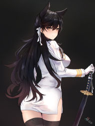 Rule 34 | 1girl, aa-aster, animal ears, artist name, ass, atago (azur lane), azur lane, black background, black hair, black thighhighs, blush, breasts, brown eyes, brown hair, closed mouth, cowboy shot, from behind, gloves, gradient hair, hair between eyes, hair ribbon, highres, holding, holding sword, holding weapon, katana, large breasts, long hair, long sleeves, looking at viewer, looking back, military, military uniform, mole, mole under eye, multicolored hair, pencil skirt, ribbon, side slit, simple background, skirt, smile, solo, sword, thigh gap, thighhighs, uniform, weapon, white gloves, white ribbon