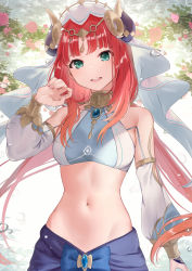 Rule 34 | 1girl, bare shoulders, blue bow, bow, breasts, crop top, detached sleeves, forehead jewel, genshin impact, green eyes, hand up, harem outfit, haru (nakajou-28), highres, horns, long hair, long sleeves, looking at viewer, low twintails, navel, nilou (genshin impact), parted bangs, parted lips, puffy long sleeves, puffy sleeves, red hair, skirt, small breasts, smile, solo, stomach, teeth, tiara, twintails, upper teeth only, vambraces, veil, white headdress