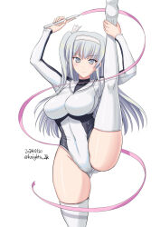 Rule 34 | 1girl, athletic leotard, blush, breasts, dated, fuyutsuki (kancolle), gluteal fold, grey eyes, grey hair, gymnastics, headband, highres, kantai collection, kishi nisen, large breasts, leotard, long hair, long sleeves, looking at viewer, one side up, rhythmic gymnastics, ribbon, ribbon baton, simple background, smile, solo, standing, standing on one leg, thighhighs, twitter username, white background, white headband, white leotard, white thighhighs
