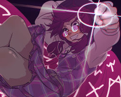 Rule 34 | 1girl, arms up, brown hair, cape, chromatic aberration, glasses, grin, hat, long sleeves, looking at viewer, low twintails, plaid, plaid skirt, plaid vest, pointing, pointing at viewer, purple eyes, red-framed eyewear, shirt, skirt, skirt set, smile, solo, soumakyo, touhou, twintails, usami sumireko, vest
