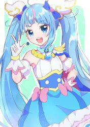Rule 34 | 1girl, ahoge, blue bow, blue eyes, blue hair, blue skirt, bow, commentary request, cure sky, detached sleeves, earrings, fingerless gloves, gloves, hair bow, hand on own hip, highres, hirogaru sky! precure, jewelry, magical girl, pink bow, precure, rii (rii0 02), single sidelock, skirt, solo, sora harewataru, twintails, v, white gloves, wing hair ornament