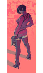 Rule 34 | 1girl, ada wong, black gloves, black hair, bob cut, boots, border, breasts, curtained hair, dress, from side, gloves, gun, handgun, highres, holding, holding gun, holding weapon, holster, medium breasts, red dress, red lips, red sweater, rejean dubois, resident evil, resident evil 4, short hair, shoulder holster, solo, sweater, sweater dress, thigh boots, turtleneck, turtleneck dress, twitter username, weapon, white border