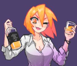 Rule 34 | 1girl, alcohol, blush, breasts, cleavage, collarbone, collared shirt, fang, hcnone, large breasts, long sleeves, looking at viewer, office lady, one eye closed, open mouth, orange hair, original, pixel art, purple background, shirt, short hair, simple background, smile, solo, upper body, whiskey, whiskey (hcnone), white shirt