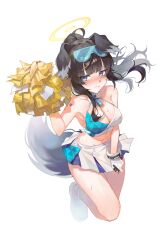 Rule 34 | 1girl, angel, animal ears, bangle, bare shoulders, black hair, blue archive, blue eyes, blush, bracelet, breasts, cheerleader, cleavage, closed mouth, clothes pull, crop top, eyewear on head, gloves, goggles, halo, hibiki (blue archive), hibiki (cheer squad) (blue archive), highres, jewelry, large breasts, long hair, looking at viewer, may.l, midriff, millennium cheerleader outfit (blue archive), miniskirt, navel, pom pom (cheerleading), ponytail, shoes, simple background, skirt, skirt pull, solo, sunglasses, thighs, white background, white footwear, white gloves, white skirt