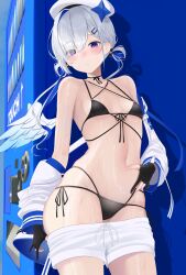 Rule 34 | 1girl, absurdres, amane kanata, amane kanata (work), angel wings, bare shoulders, beret, bikini, black bikini, black choker, black gloves, blue hair, blunt bangs, blurry, blurry background, blush, breasts, choker, clothes pull, colored inner hair, commentary request, contrapposto, cowboy shot, criss-cross halter, depth of field, drawstring, eyes visible through hair, feathered wings, front-tie bikini top, front-tie top, gloves, gradient wings, grey hair, hair intakes, hair over one eye, hair rings, halterneck, hand on own stomach, hat, highres, hololive, jacket, jacket partially removed, long hair, long sleeves, looking at viewer, multi-strapped bikini, multicolored clothes, multicolored hair, multicolored jacket, multicolored wings, navel, off shoulder, official alternate hair length, official alternate hairstyle, open clothes, open jacket, parted lips, partially fingerless gloves, pink hair, purple eyes, revision, shadow, shirt, shorts, shorts pull, single hair intake, skindentation, small breasts, solo, star (symbol), stomach, string bikini, swimsuit, thighs, tojo aoi, two-tone jacket, virtual youtuber, wet, white hat, white jacket, white shirt, wings