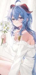Rule 34 | 1girl, ahoge, bare shoulders, bell, blue hair, blush, breasts, closed mouth, commentary, curtains, flower, from side, ganyu (genshin impact), genshin impact, hair between eyes, highres, holding, holding flower, horns, long hair, long sleeves, looking at viewer, low ponytail, medium breasts, neck bell, neck ribbon, off-shoulder sweater, off shoulder, purple eyes, qingxin flower, ribbon, sidelocks, sitting, smile, solo, sweater, very long hair, white flower, white ribbon, white sweater, yuje kr