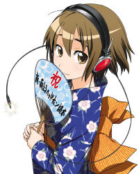 Rule 34 | 1girl, ahoge, blue kimono, brown eyes, brown hair, cable, covering face, covering own mouth, covering privates, female focus, hand fan, headphones, japanese clothes, kimono, ootsuka mahiro, original, paper fan, short hair, simple background, smile, solo, uchiwa, yukata