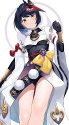 Rule 34 | 1girl, beko (beco 1122), bike shorts, black gloves, black hair, black leotard, black shorts, blush, bow, breast curtain, breasts, closed mouth, commentary, detached sleeves, elbow gloves, feet out of frame, flower knot, genshin impact, gloves, head tilt, highres, kujou sara, leotard, looking at viewer, mask, mask on head, medium breasts, mitsudomoe (shape), obi, obijime, pom pom (clothes), rope, sash, short hair, short shorts, shorts, simple background, solo, standing, swept bangs, tassel, taut clothes, tengu mask, thighs, tomoe (symbol), vambraces, vision (genshin impact), white background, yellow bow, yellow eyes