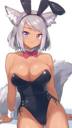 Rule 34 | 1girl, :3, absurdres, animal ears, arukiru, bare legs, black leotard, bow, bowtie, breasts, cleavage, closed mouth, collarbone, detached collar, final fantasy, final fantasy xiv, grey hair, highres, large breasts, leotard, looking at viewer, miqo&#039;te, pink bow, pink bowtie, playboy bunny, purple eyes, simple background, smile, solo, strapless, strapless leotard, tail, thighs, white background, wrist cuffs