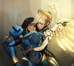 Rule 34 | 2girls, armor, black hair, blonde hair, bodysuit, braid, breasts, closed eyes, dark-skinned female, dark skin, emblem, eye of horus, facial mark, facial tattoo, flying, frown, glowing, glowing wings, gradient background, grey background, hair tubes, halo, high ponytail, holding person, hug, light particles, mechanical halo, mercy (overwatch), multiple girls, no headwear, overwatch, overwatch 1, pharah (overwatch), power armor, rushi (bloodc), side braids, tattoo, unconscious, upper body, white bodysuit, wings