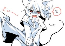 Rule 34 | 1girl, angry, animal ears, blush, capelet, clothes lift, kozakura (dictionary), mouse ears, nazrin, open mouth, red eyes, short hair, simple background, skirt, skirt lift, solo, tail, touhou, white background