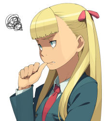 Rule 34 | 1girl, annoyed, biting, biting own thumb, blonde hair, blue eyes, go robots, long hair, necktie, portrait, simple background, solo, biting own thumb, two side up, white background