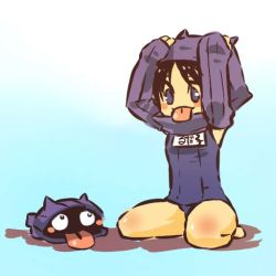 Rule 34 | 1990s (style), 1girl, :p, black hair, blue eyes, blush, blush stickers, creatures (company), detached sleeves, game freak, gen 1 pokemon, hands on own head, hitec, hood, kneeling, moemon, nintendo, one-piece swimsuit, personification, pokemon, pokemon (creature), pokemon rgby, retro artstyle, school swimsuit, shadow, shellder, simple background, smile, swimsuit, tongue, tongue out, translation request
