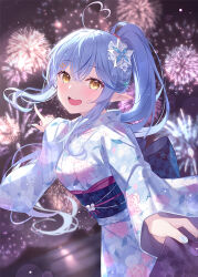 Rule 34 | 1girl, :d, ahoge, blue hair, blue kimono, blue nails, commentary request, cowboy shot, fireworks, floating hair, floral print, flower, grin, hair between eyes, hair flower, hair ornament, hair tie, hairclip, heart, heart ahoge, heiyan shenshi, holding, holding clothes, hololive, japanese clothes, kanzashi, kimono, light blush, long hair, long sleeves, looking at viewer, nail polish, night, night sky, obi, open mouth, pointing, pointing up, pointy ears, ponytail, pov, sash, sidelocks, sky, smile, solo, teeth, upper teeth only, virtual youtuber, wide sleeves, yellow eyes, yukata, yukihana lamy