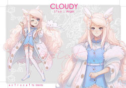 Rule 34 | 1girl, adoptable, angel, artist name, astrocatsama, beads, belt, blonde hair, blue collar, blue dress, blue eyes, border, buttons, character age, character name, character sheet, clenched hands, closed mouth, cloud, coat, coat partially removed, collar, collared shirt, cowboy shot, double bun, dress, english text, eyelashes, floral background, full body, fur-trimmed coat, fur trim, grey background, grin, hair beads, hair bun, hair ornament, lace, lace-trimmed dress, lace-trimmed thighhighs, lace trim, light blush, long hair, long sleeves, looking at viewer, mole, mole under eye, multiple views, navel, one eye closed, original, shirt, short dress, signature, simple background, sleeveless, sleeveless dress, smile, spaghetti strap, thighhighs, venus symbol, very long hair, white belt, white border, white coat, white shirt, white sleeves, white thighhighs, wide sleeves, wing hair ornament, winged legs