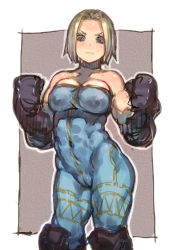 Rule 34 | 1girl, abs, bare shoulders, blonde hair, blue eyes, blush, boots, breasts, c.cu, cameltoe, cleavage, cleft of venus, covered erect nipples, covered navel, final fantasy, final fantasy tactics, fingerless gloves, gloves, knee boots, large breasts, monk (fft), muscular, short hair, solo, unitard