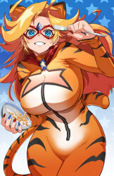 Rule 34 | 1girl, ahoge, animal costume, animal print, blonde hair, blue eyes, blue nails, bowl, breasts, cereal, cleavage, cleavage cutout, clothing cutout, cosplay, eyelashes, fujioka yatsufusa, grin, highres, holding, holding bowl, holding spoon, kamen america, kamen america (comic), large breasts, long hair, long sleeves, looking at viewer, milk, multicolored nails, parted lips, red nails, smile, solo, spoon, standing, teeth, tiger costume, tiger print, tony the tiger, tony the tiger (cosplay)