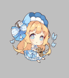 Rule 34 | blonde hair, blue eyes, bug, butterfly, chibi, hair ornament, hairpin, hat, highres, insect, lolita fashion, saratoga (warship girls r), situmey, solo, star-shaped pupils, star (symbol), stuffed animal, stuffed toy, symbol-shaped pupils, teddy bear, warship girls r