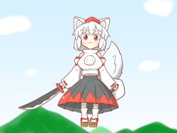 Rule 34 | 1girl, :3, animal ears, bare shoulders, black skirt, blush, breasts, closed mouth, cloud, detached sleeves, flying, geta, grass, hat, holding, holding sword, holding weapon, inaba-no-sirousagi, inubashiri momiji, large breasts, looking at viewer, mountain, navel, outdoors, pom pom (clothes), red eyes, ribbon-trimmed sleeves, ribbon trim, shirt, short hair, skirt, sky, smile, socks, solo, sword, tail, tengu-geta, tokin hat, touhou, weapon, white hair, wolf ears, wolf girl, wolf tail