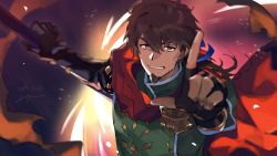 Rule 34 | 1boy, aiming, aiming at viewer, blurry, blurry background, bracer, brown eyes, brown hair, cape, collar, facial hair, fate/grand order, fate (series), fighting stance, fingerless gloves, gloves, glowing, goatee, goya (xalbino), hair between eyes, hair ribbon, hector (fate), highres, holding, holding weapon, jewelry, light, looking at viewer, male focus, manly, medium hair, polearm, ponytail, red cape, ribbon, signature, solo, teeth, weapon