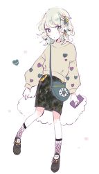 Rule 34 | 1girl, alternate costume, alternate footwear, aqua bow, arms at sides, bag, beige sweater, black footwear, black skirt, blue bag, bow, broken heart, broken heart print, casual, closed mouth, commentary request, contemporary, contrapposto, earrings, fishnet socks, fishnets, from side, full body, green eyes, hair behind ear, hair bow, hair ornament, hair ribbon, heart, heart hair ornament, heart in eye, heart print, holding, holding wallet, jewelry, komeiji koishi, leg up, light green hair, long sleeves, looking at viewer, looking to the side, medium skirt, mozukuzu (manukedori), multicolored ribbon, nail polish, no headwear, pencil skirt, pigeon-toed, print sweater, puckered lips, puffy long sleeves, puffy sleeves, purple nails, ribbon, ring, shoes, short hair, shoulder bag, simple background, sketch, skirt, socks, solo, standing, string, striped ribbon, sweater, symbol in eye, touhou, two-tone ribbon, wallet, wavy hair, white background, women&#039;s wallet