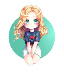 Rule 34 | 1girl, :o, absurdres, animification, belt, between legs, blonde hair, blue shirt, chibi, go won, green eyes, hand between legs, highres, k-pop, long hair, looking at viewer, loona (group), real life, red belt, ruru creations, seiza, shirt, shorts, sitting, solo, striped clothes, striped shirt, white shorts