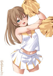 Rule 34 | 1girl, alternate costume, aqua eyes, armpits, breasts, brown hair, cheering, cheerleader, cowboy shot, crop top, ebifurya, highres, holding, holding pom poms, kantai collection, kumano (kancolle), large breasts, long hair, navel, one eye closed, open mouth, pleated skirt, pom pom (cheerleading), pom poms, ponytail, shirt, simple background, skirt, sleeveless, sleeveless shirt, smile, solo, twitter username, white background